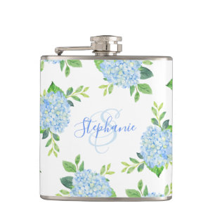 Flasques Moderne Floral bleu Hydrangée Aquarelle Monogramme