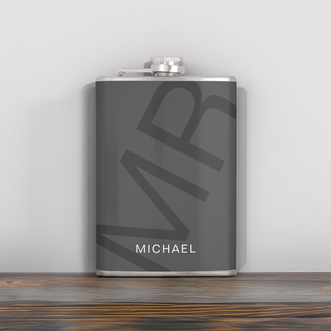 Flasques Moderne Monogramme Personnalisé Gris (Modern Bold Typography Monogrammed Flask by MINTIC DESIGN STUDIO)