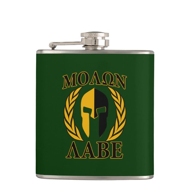 Flasques Molon Labe Spartan Mask Laurels sur Green (Devant)