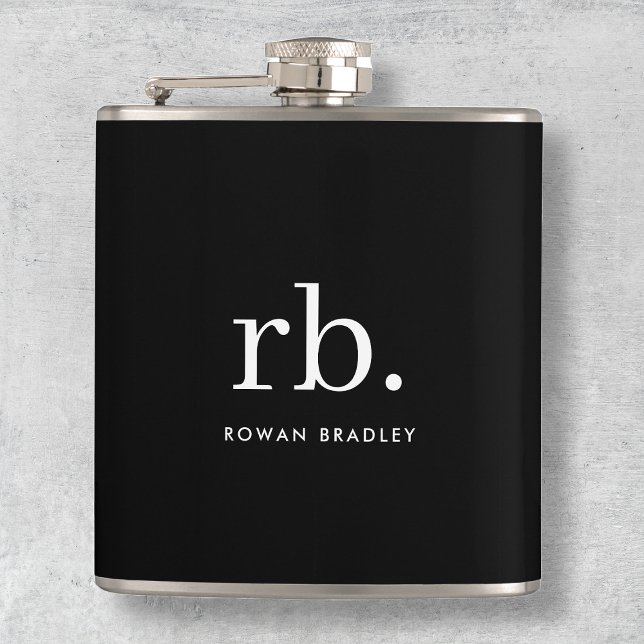 Flasques Monogram Classic Elegant Minimum Black and White (Sleek black modern monogram custom flasks.)