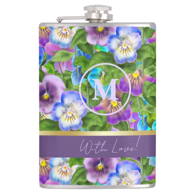 Flasques Monogramme Anniversaire Pansy Violet Fleurs Aquare (Devant)