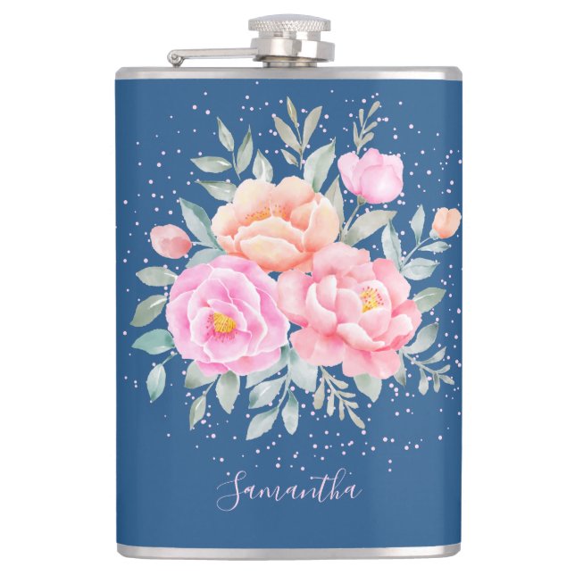 Flasques Monogramme Aquarelle pivoines Rose bleu rose flora (Devant)
