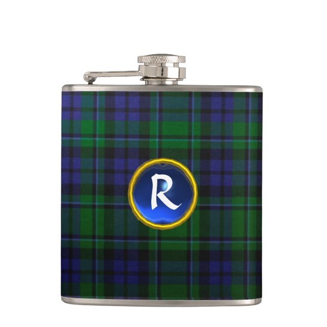 FLASQUES MONOGRAMME BLUE GREEN ÉCOSSE TARTAN SAPPHIRE GEM (Devant)