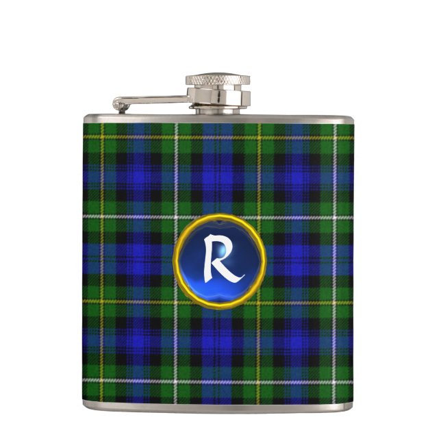 FLASQUES MONOGRAMME BLUE GREEN ÉCOSSE TARTAN SAPPHIRE GEM (Devant)