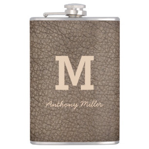 Flasques Monogramme Chic Cuir Brown Nom Script Moderne