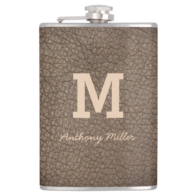 Flasques Monogramme Chic Cuir Brown Nom Script Moderne (Devant)