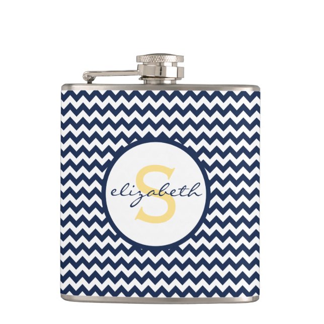 Flasques Monogramme de Chevron de bleu marine et de jaune (Devant)