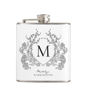Flasques Monogramme de crête florale noir et blanc classiqu