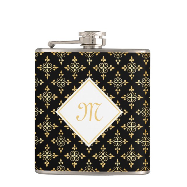 Flasques Monogramme de luxe Noir et Or Quatre Floral (Devant)