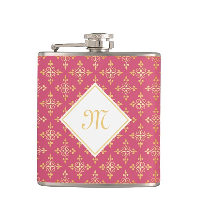 Flasques Monogramme de luxe rose et or Quatre Floral (Devant)