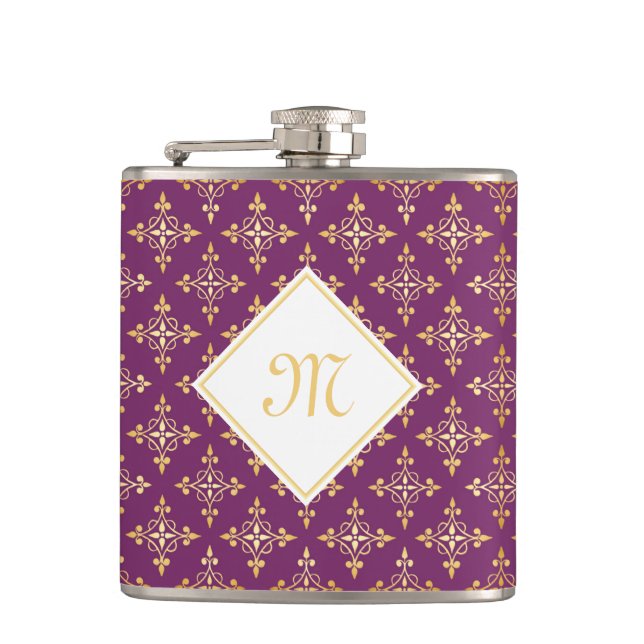 Flasques Monogramme de luxe violet et or Quatre Floral (Devant)