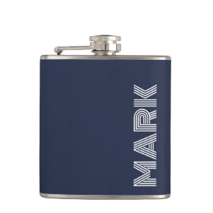 Flasques Monogramme de nom moderne rayures bleu foncé et bl