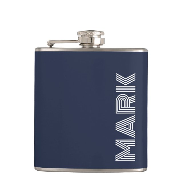 Flasques Monogramme de nom moderne rayures bleu foncé et bl (Devant)