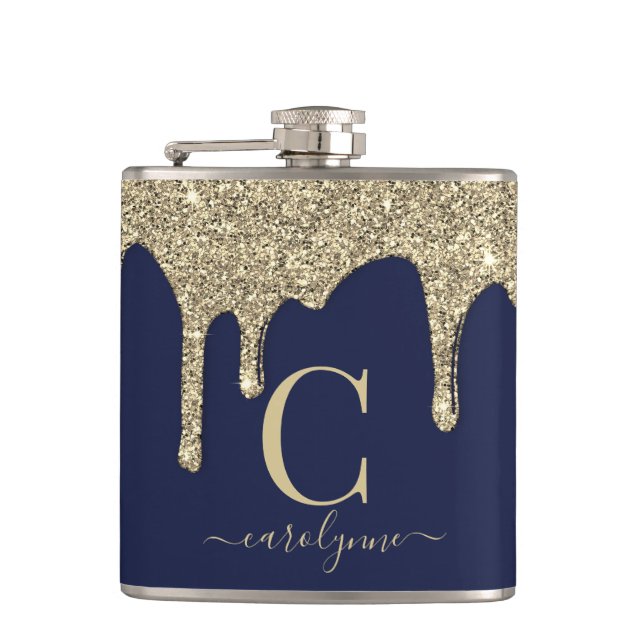Flasques Monogramme de Parties scintillant en or bleu marin (Devant)