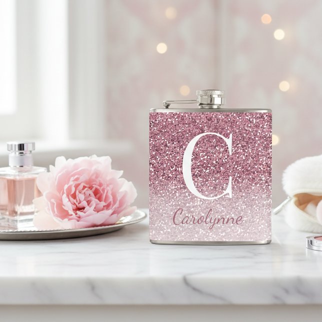 Flasques Monogramme de Parties scintillant Rose Gold Sparkl (Girly Rose Gold Sparkle Ombre Glitter Monogram Flask)