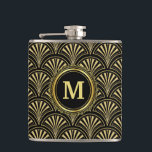Flasques Monogramme des ventilateurs Black et Gold Deco<br><div class="desc">Un motif amateur d'art déco noir et or agrémenté d'une médaille de monogramme assortie fait un cadeau unique pour les amis, la famille, la fête de la mariée et plus encore. Customisez avec l'initiale désirée en remplaçant l'échantillon initial affiché dans le modèle de conception. Pour modifier la police ou repositionner...</div>