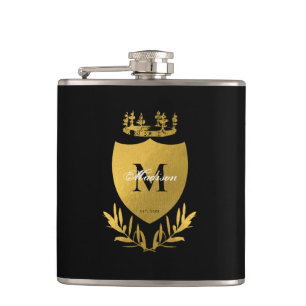 Flasques Monogramme du bouclier royal noir et or