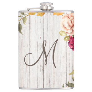 Flasques Monogramme en bois vieilli avec couronne en fleur 