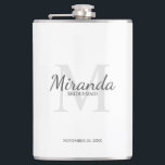 Flasques Monogramme et nom de la servante d'accueil personn<br><div class="desc">Cadeaux Bridesmaids personnalisées avec le nom de la femme d'honneur personnalisée en gris style de police de script classique et monogramme en gris clair style de police serif classique en arrière - plan avec titre et date de mariage en gris style de police serif classique sur arrière - plan blanc....</div>