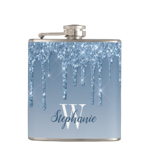 Flasques Monogramme Faux Pailleté Bleu Élégant qui Dégoulin