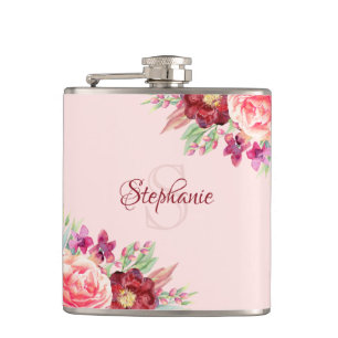 Flasques Monogramme floral moderne personnalisé Bourgogne