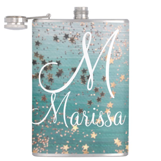 Flasques Monogramme Gold Stars sur Turquoise (Ouvert)