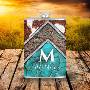 Flasques Monogramme mélange turquoise en faux cuir occident