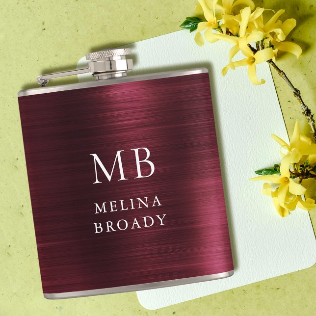 Flasques Monogramme Métal Faux Acier Brossé Bourgogne Éléga (Créateur téléchargé)