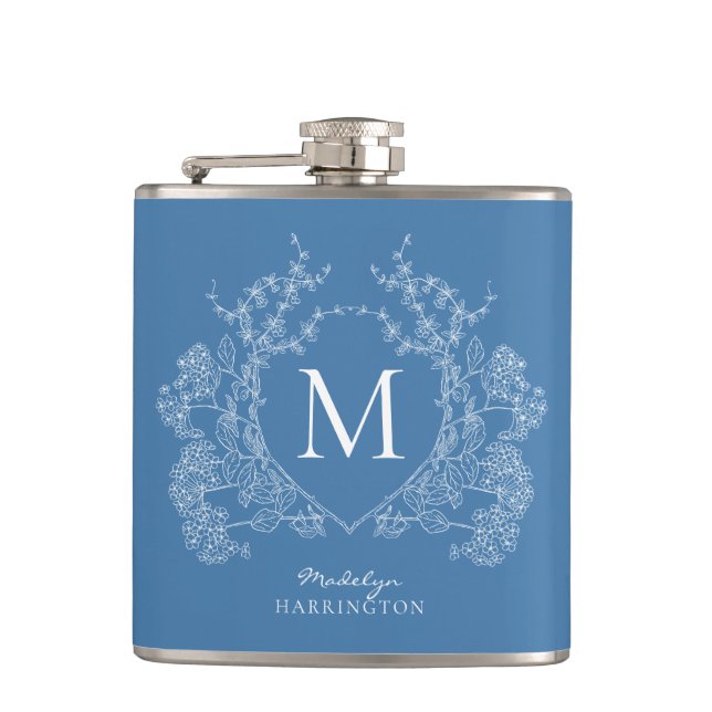 Flasques Monogramme moderne classique Français Bleu Floral  (Devant)