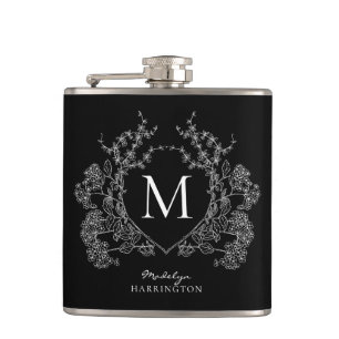 Flasques Monogramme moderne de crête florale noire et blanc