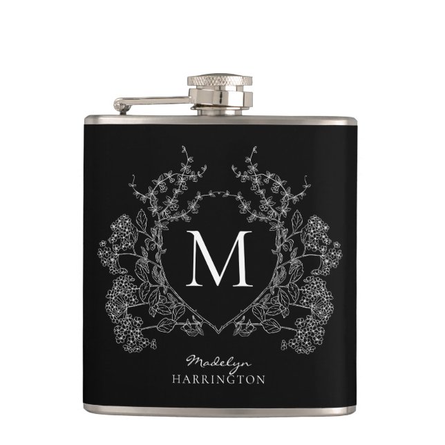 Flasques Monogramme moderne de crête florale noire et blanc (Devant)