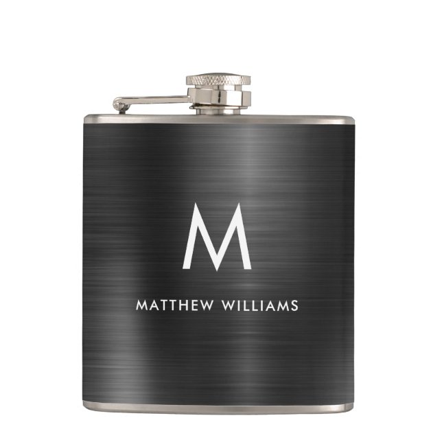 Flasques Monogramme moderne Faux noirs brossé métal (Devant)