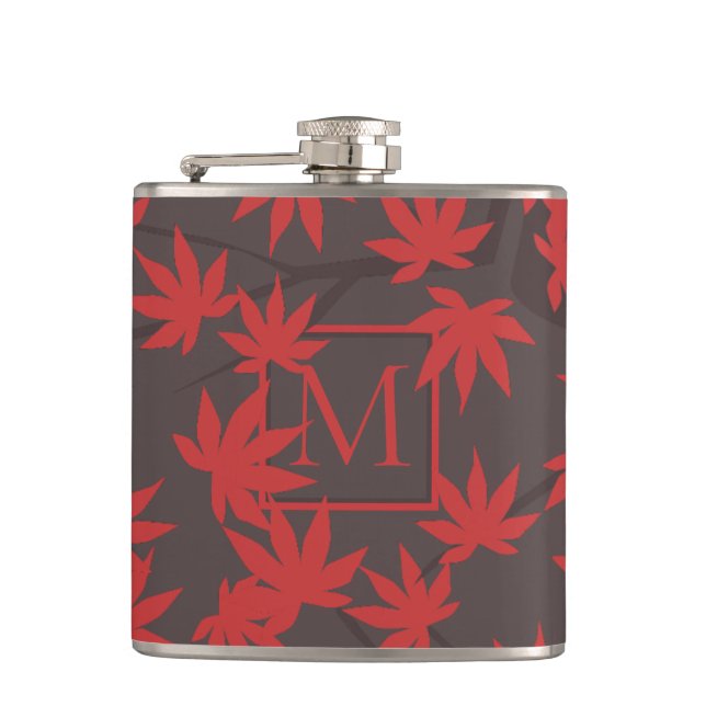 Flasques Monogramme Moderne Feuille d'Érable Rouge Grise (Devant)