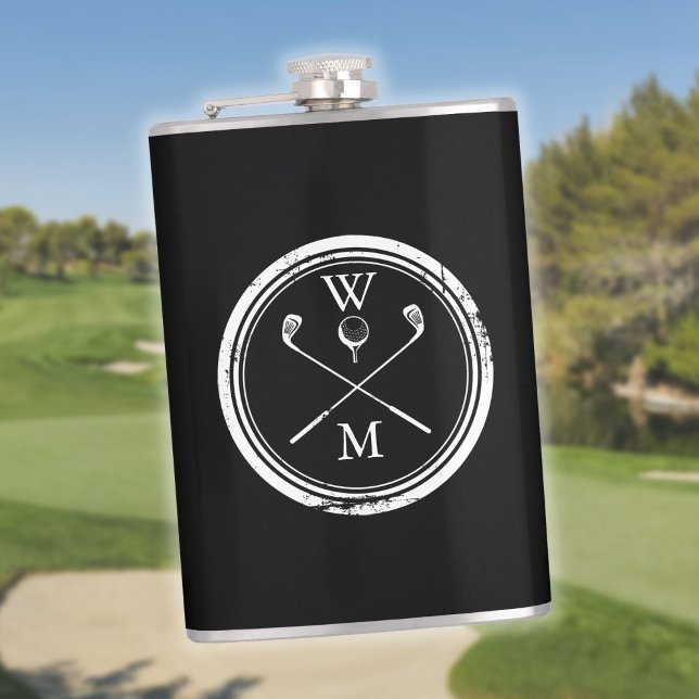 Flasques Monogramme noir et blanc personnalisé Golf (Créateur téléchargé)