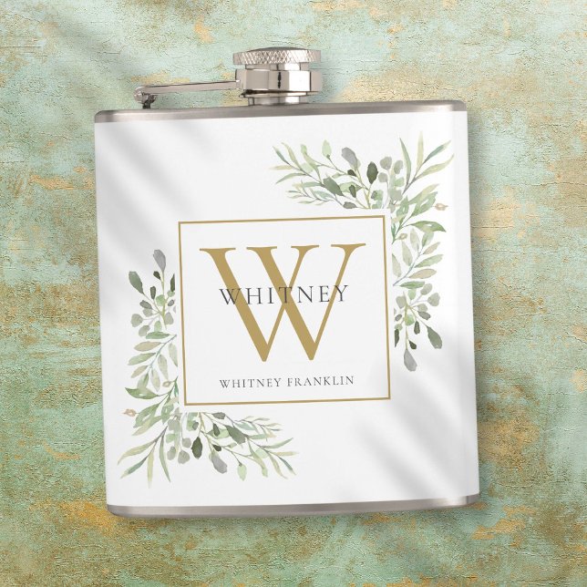 Flasques Monogramme Or Élégant Vert Moderne (Gold Monogram Elegant Modern Greenery Flask)