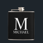 Flasques Monogramme personnalisé et nom noir<br><div class="desc">Cadeau de monogramme et de nom personnalisé présente un monogramme et un nom personnalisés en police blanche classique de style serif sur fond noir. Parfait comme cadeau de vacances, cadeau de fête des pères, faveurs de réunion de famille, cadeau de remerciement pour les garçons d'honneur et cadeau pour toutes les...</div>