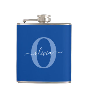 Flasques Monogramme personnalisé Nom du script Bleu Blanc