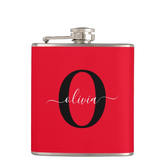 Flasques Monogramme personnalisé Nom du script Rouge Noir B (Devant)