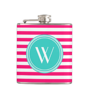 Flasques Monogramme personnalisé rose et rayé Turquoise