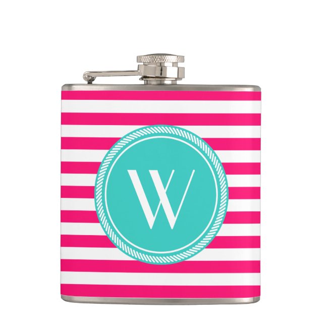 Flasques Monogramme personnalisé rose et rayé Turquoise (Devant)
