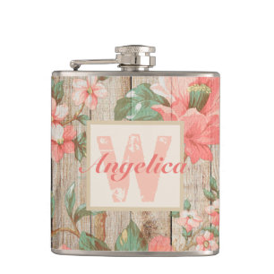 Flasques Monogramme Rustique Rose Floral Grange Bois