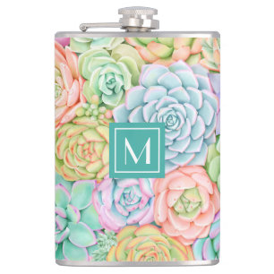 Flasques Monogramme Succulents Aquarelle Pastel coloré