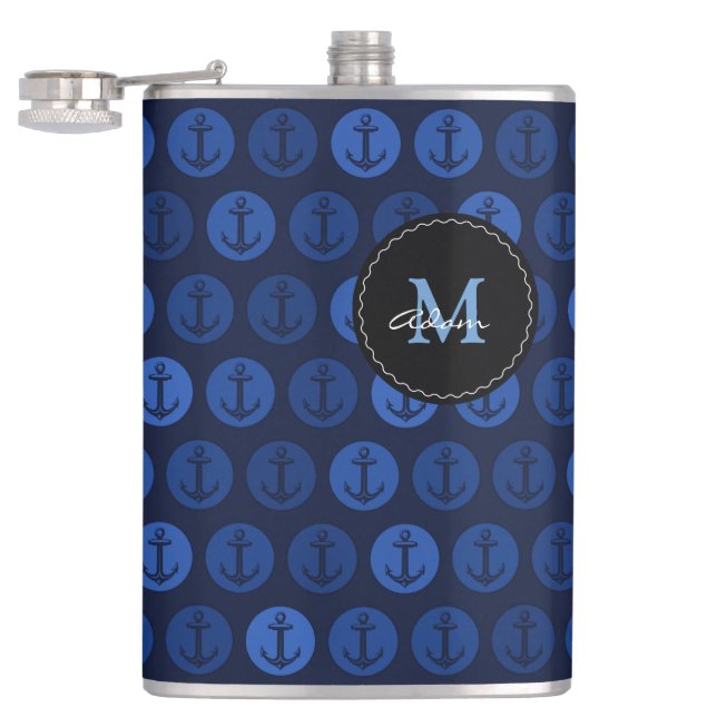 Flasques Monogramme sur le motif d'Ancres de ton de bleu (Ouvert)