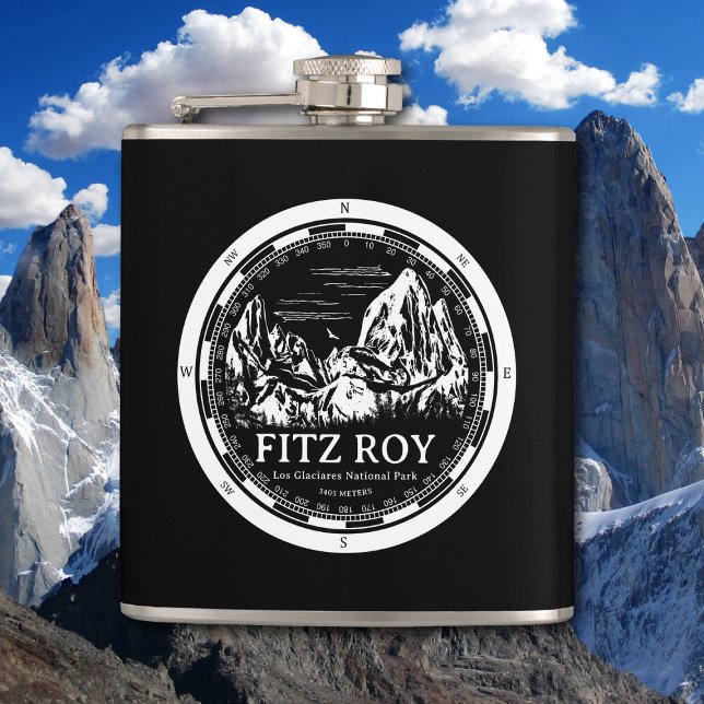 Flasques Mont Fitz Roy - Cerro Chaltén Amérique du Sud (Mount Fitz Roy Flask in Back with a white compass and mountain illustration)