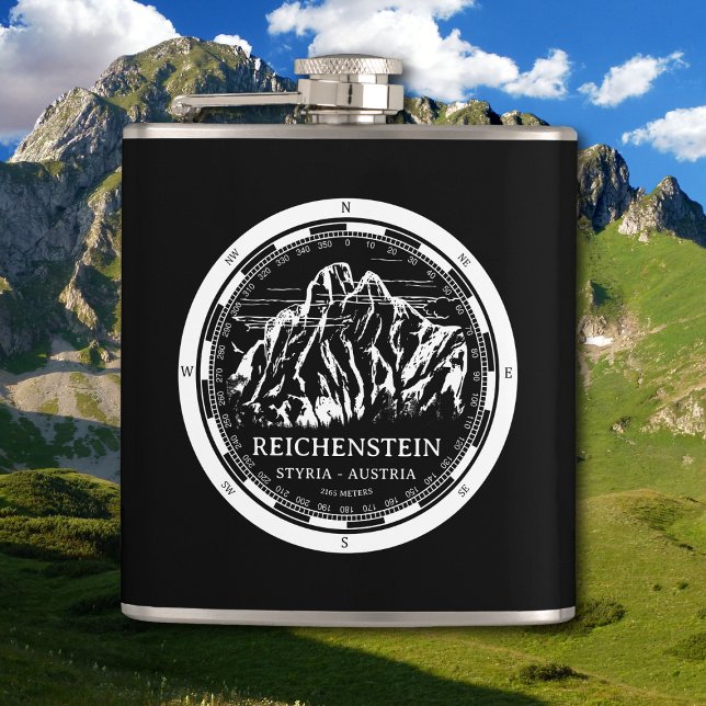 Flasques Mont Reichenstein - Styria Autriche Alpes (Mount Reichenstein - Styria Austria Alps Flask in Back with a white compass mountain illustration)