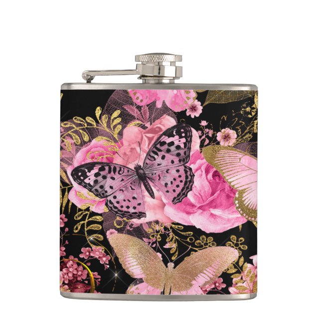 Flasques Motif à papillon floral rose et or (Devant)