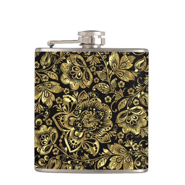 Flasques Motif Black & Shiny Gold Flowers (Devant)