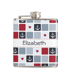 Flasques Motif cœur et ancre rouge et marine avec nom