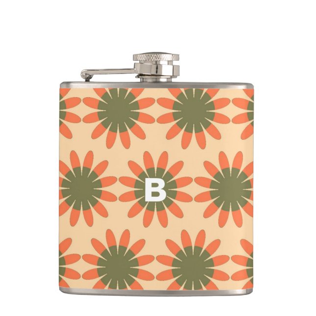 Flasques Motif de fleur rétro orange et vert Monogramme (Devant)