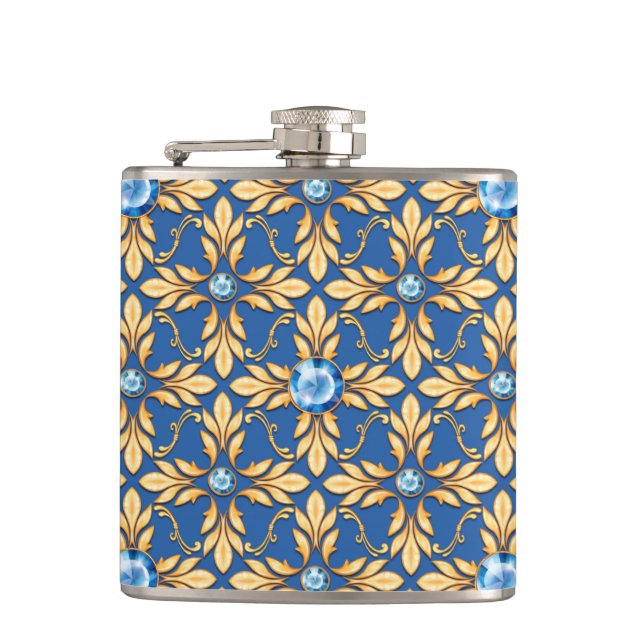 Flasques Motif doré sans couture avec pierres bleues 1 (Devant)